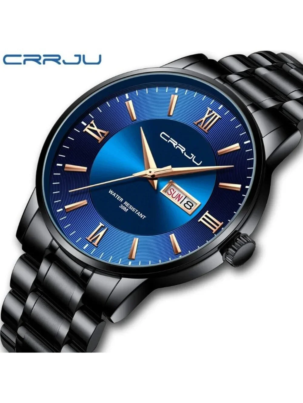Men's Black Blue Luxury Stainless Steel Chronograph Analog Quartz Round Watch